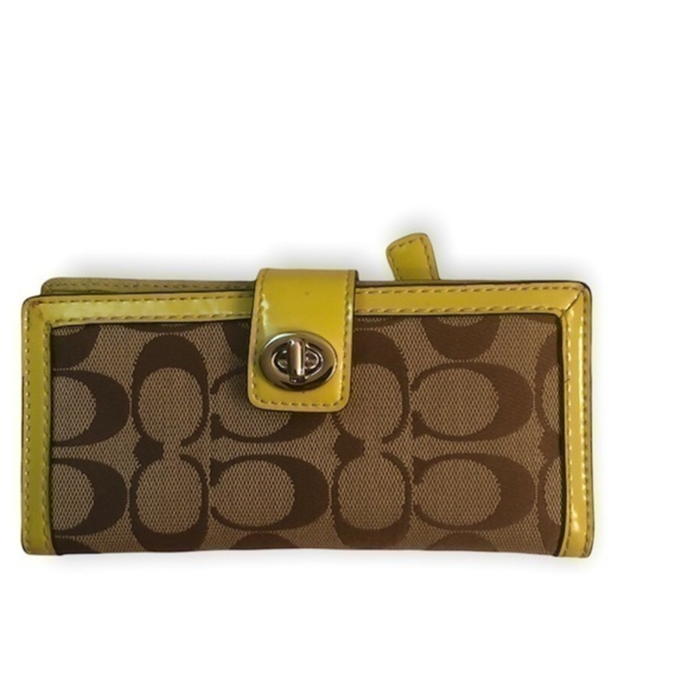 Coach signature c brown and yellow turnlock wallet